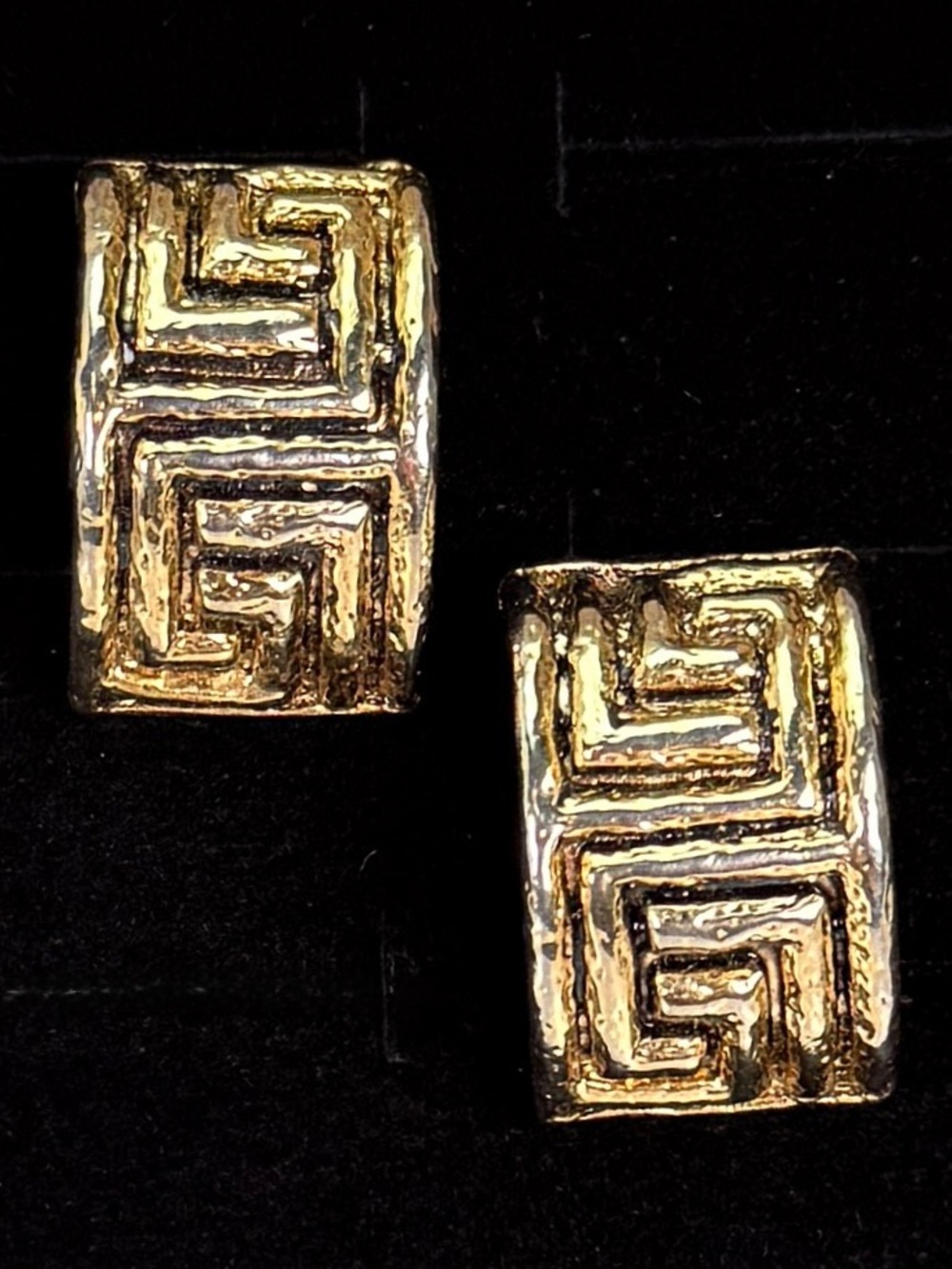 Vintage weighted, aged gold tone Greek Key Clip-On Earrings
